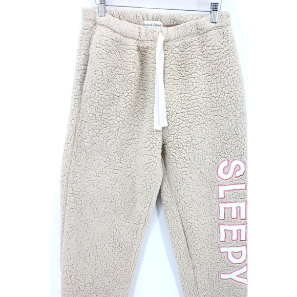 Weekend Edition Sherpa Pants Womens Beige Sleepy Embroidered Drawstring Medium M - Picture 2 of 11